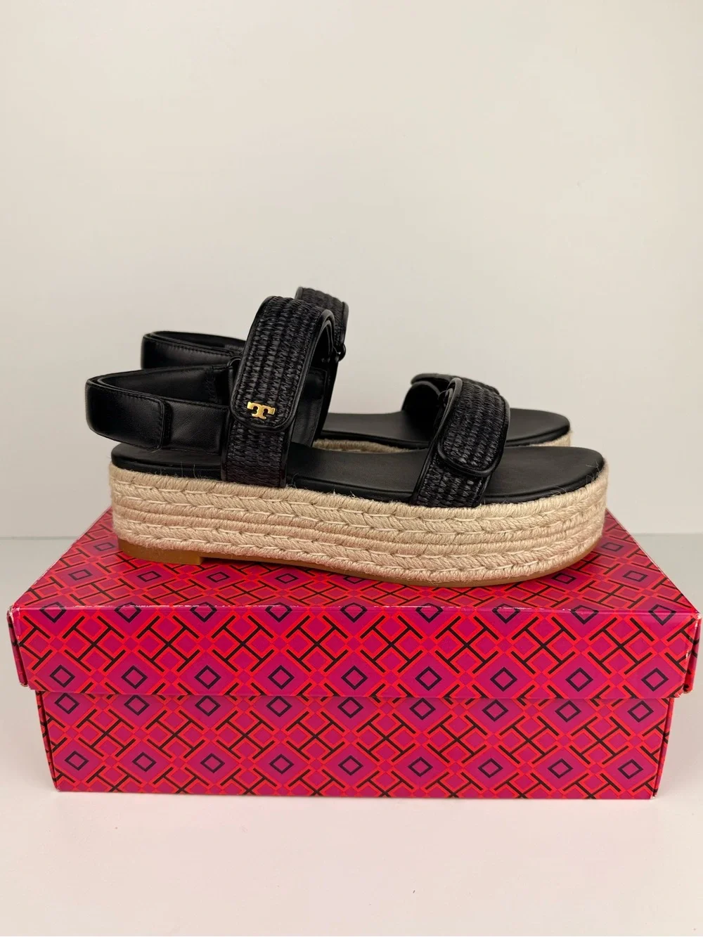 Tory Burch Diego Sport Espadrille Sandals Perfect Black Raffia Platform 8 READ
